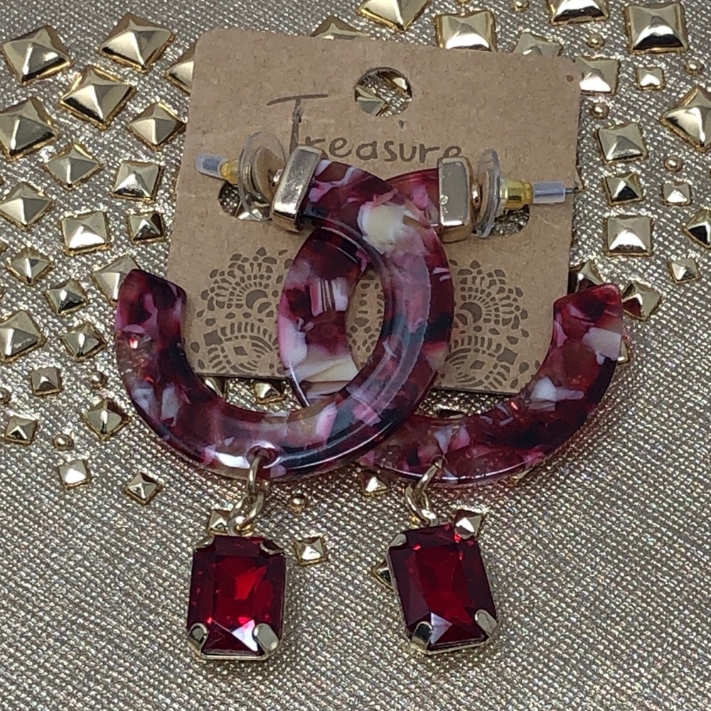 Red Tan Round Dangle Crystal Gold Earrings